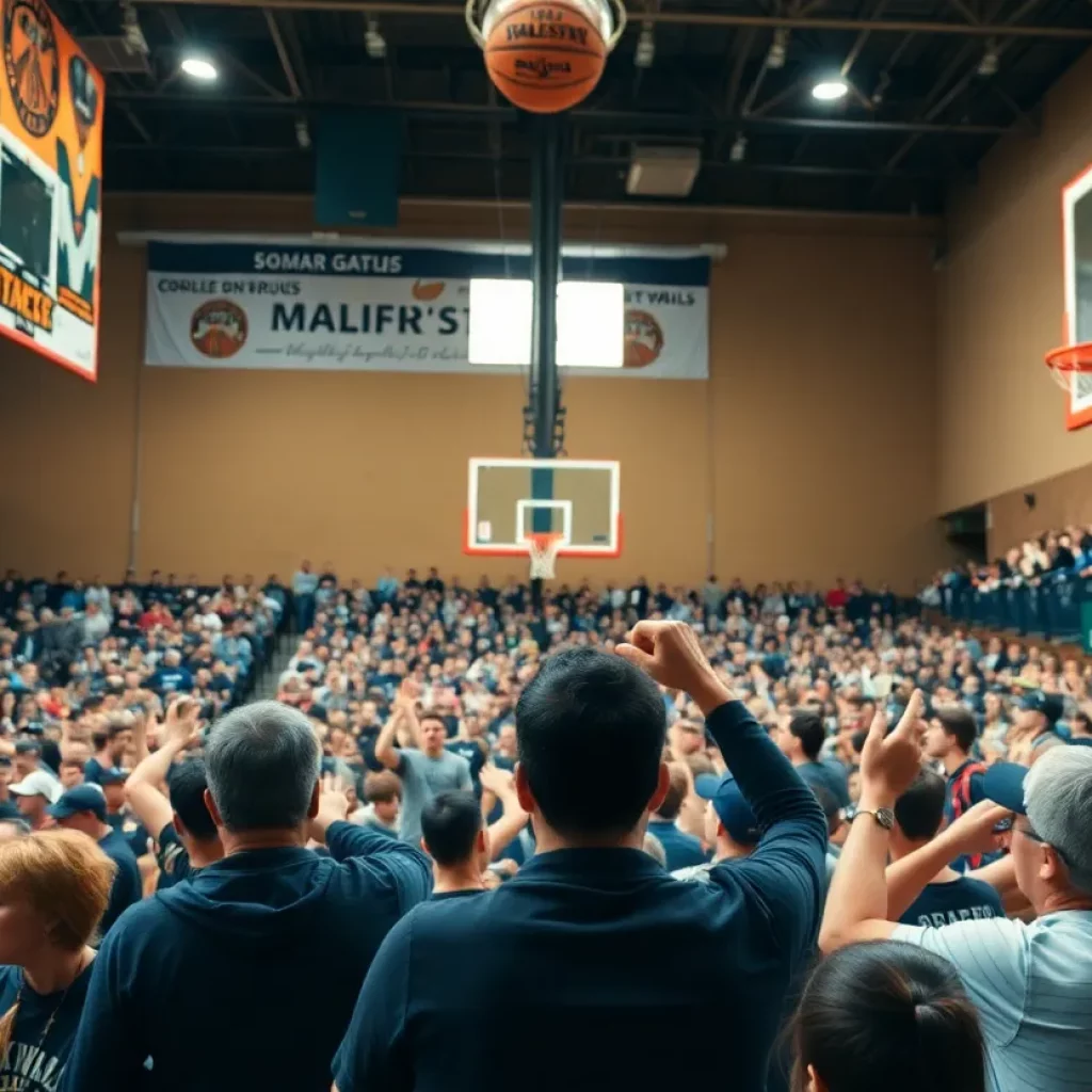 Crowd packed inside a basketball gym during a showcase event