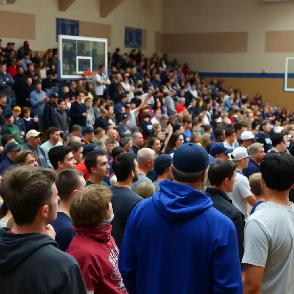 Crowded gym during basketball tournament cancellation