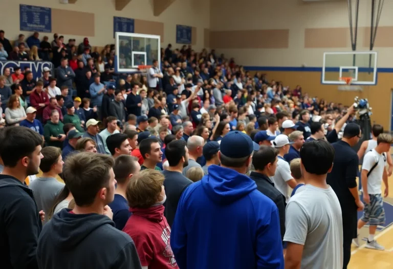 Crowded gym during basketball tournament cancellation