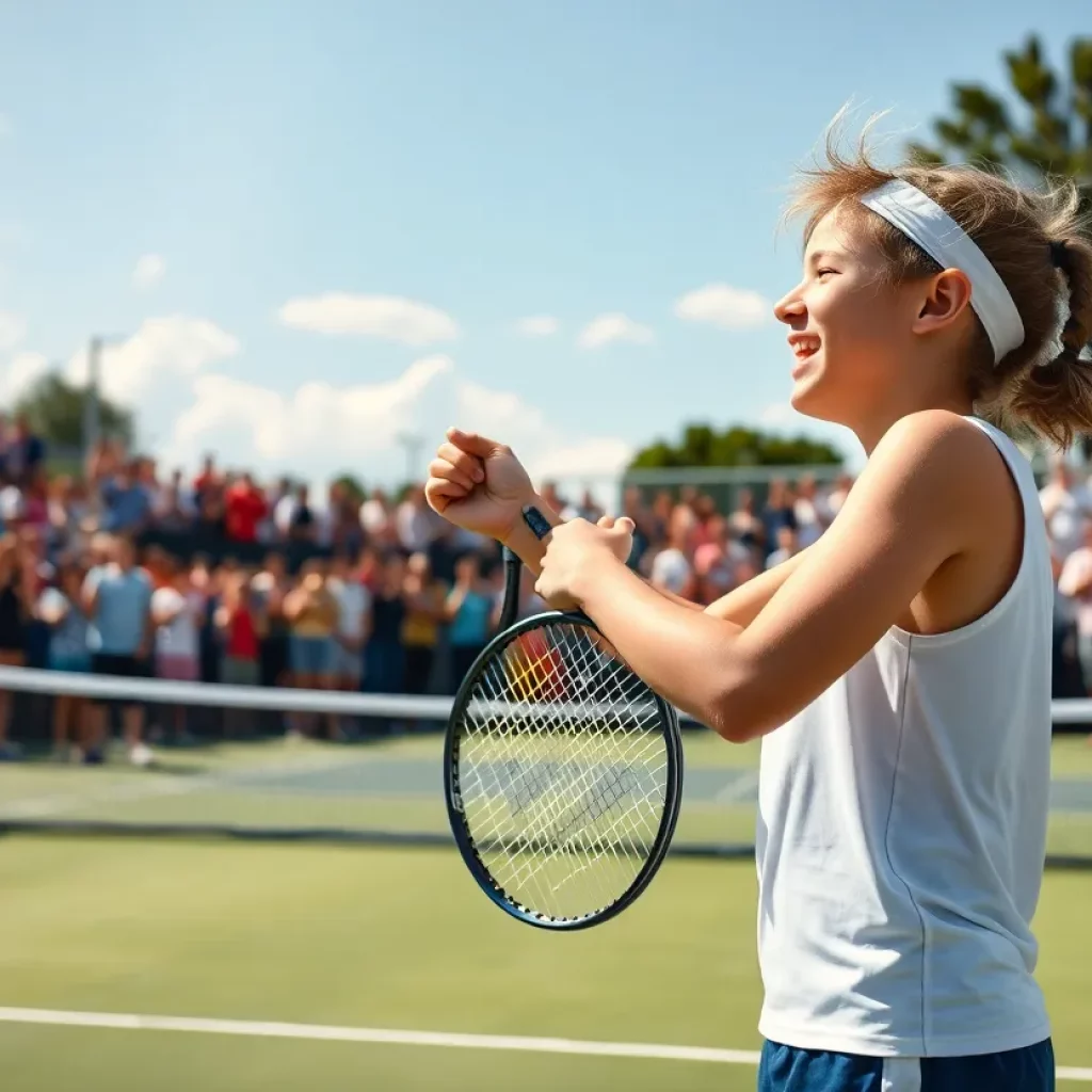 Junior tennis player celebrating after winning a match