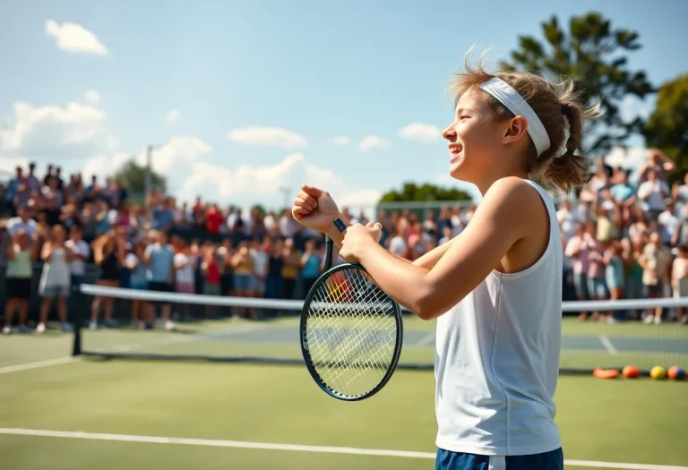 Junior tennis player celebrating after winning a match