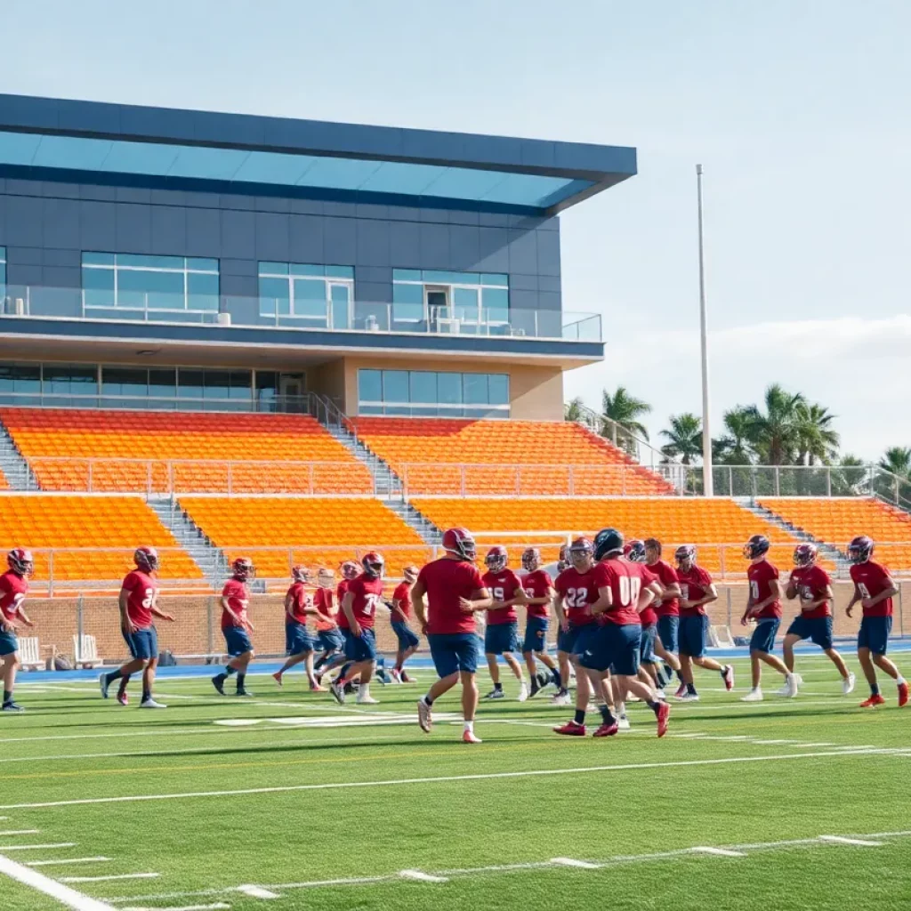 Football players practicing at Elberta High School's modern facilities