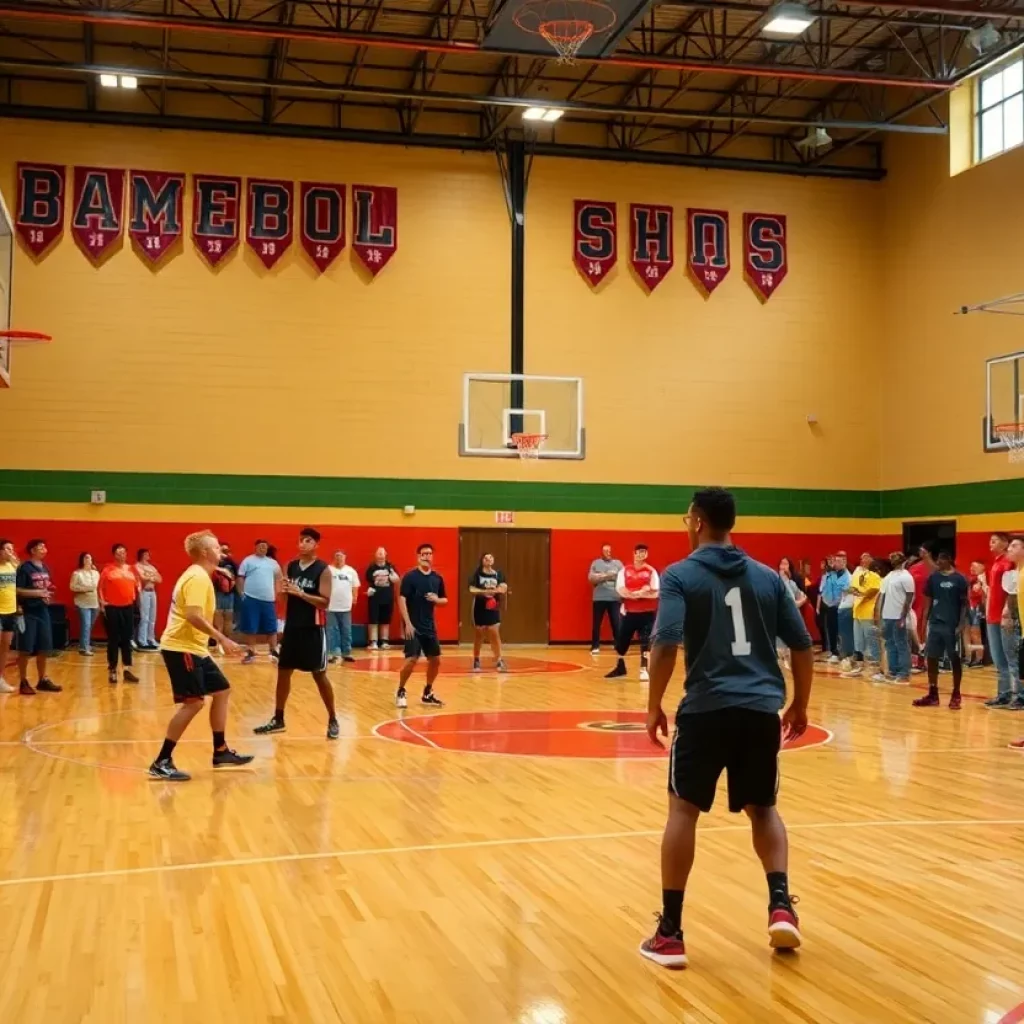 Emerald High School basketball court with players and community supporters