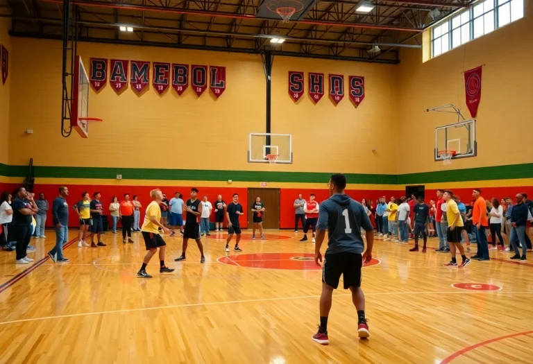 Emerald High School basketball court with players and community supporters