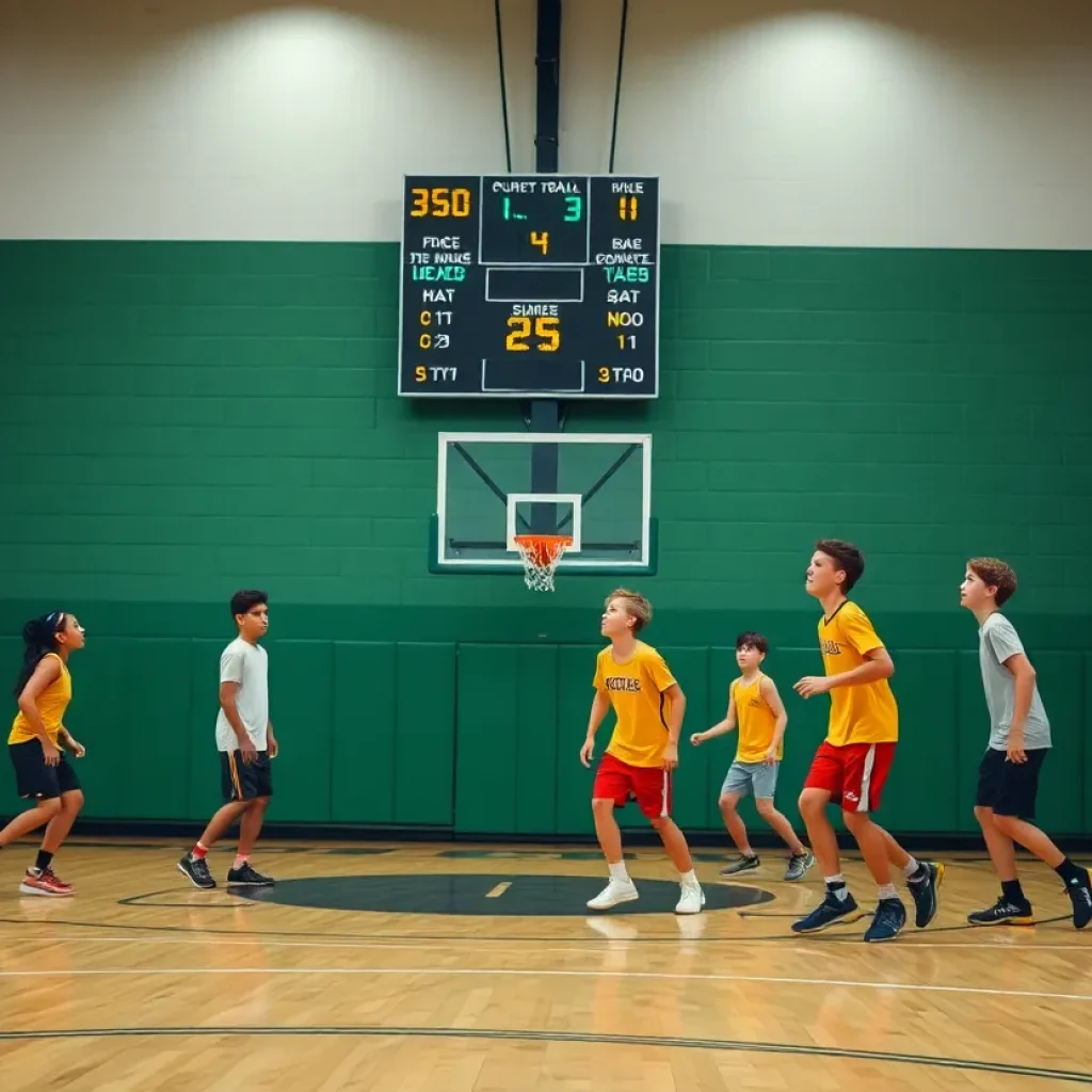High school basketball team practicing on court