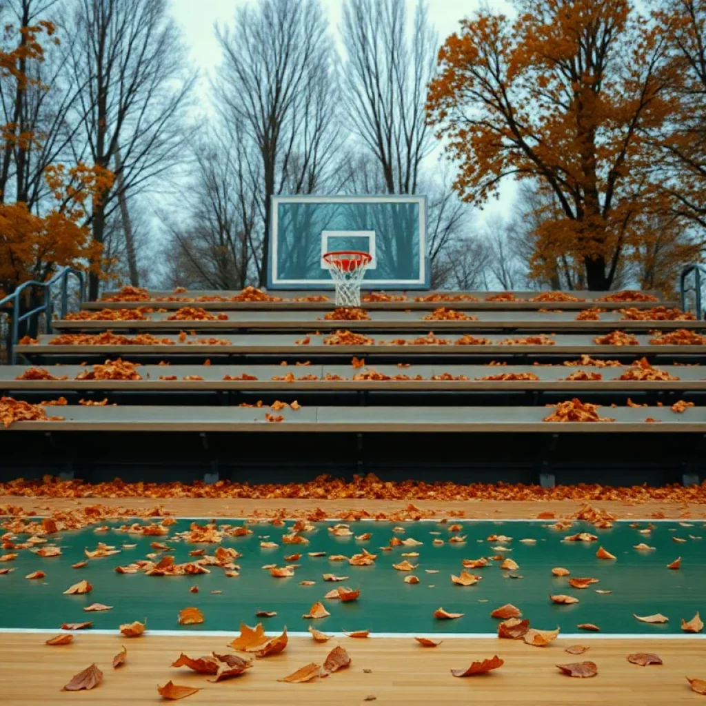 An empty basketball court surrounded by autumn leaves