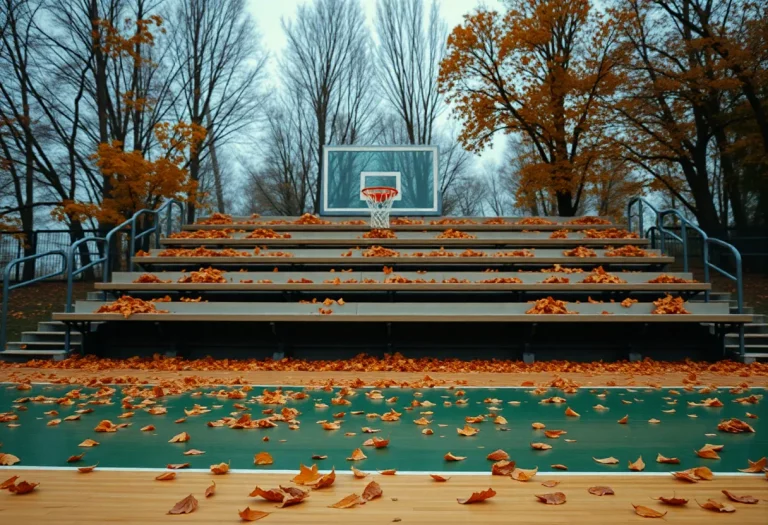An empty basketball court surrounded by autumn leaves