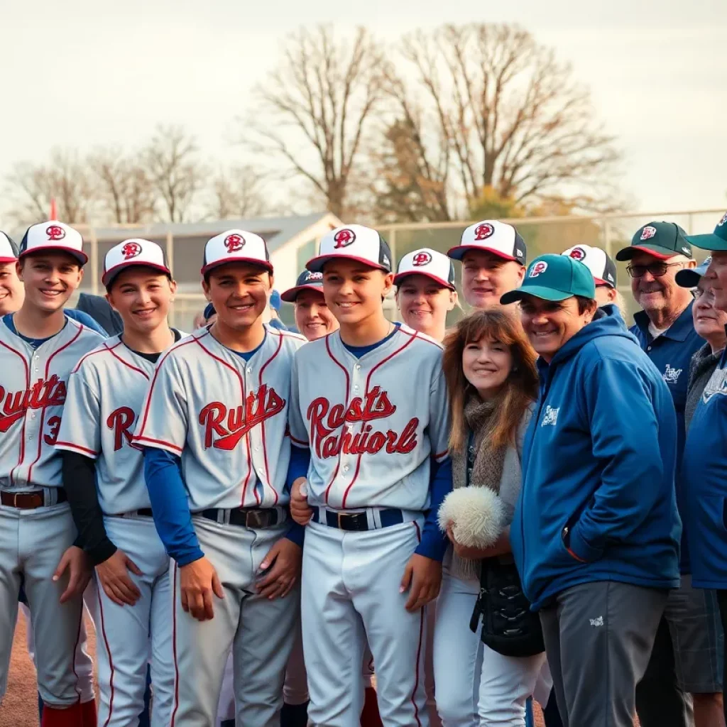 High school baseball seniors celebrating their farewell game surrounded by family and coaches.