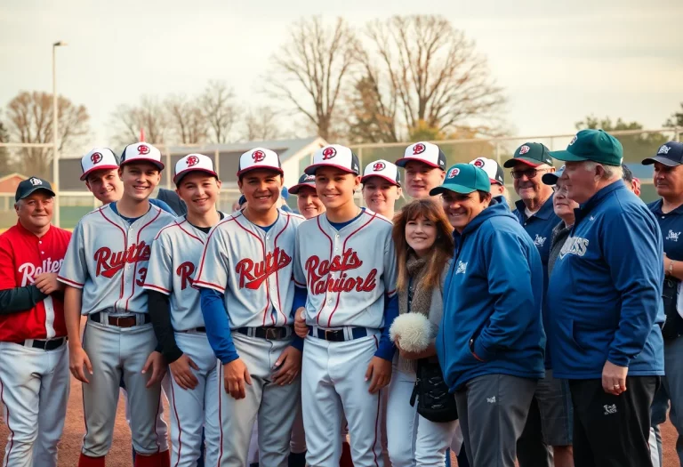 High school baseball seniors celebrating their farewell game surrounded by family and coaches.