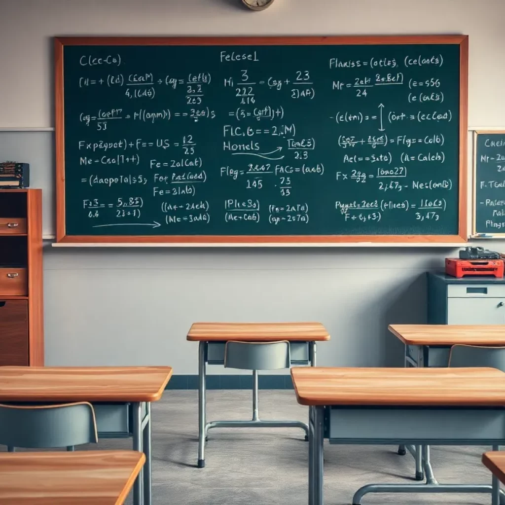 Classroom filled with desks and physics equipment