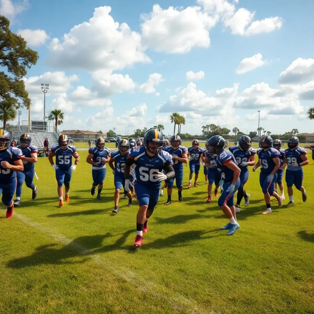 Football players practicing on the field at First Baptist Christian Academy