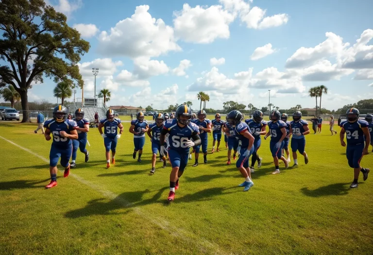 Football players practicing on the field at First Baptist Christian Academy