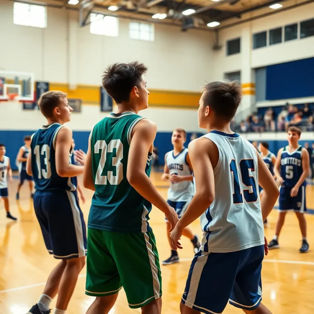 High school basketball players competing on the court