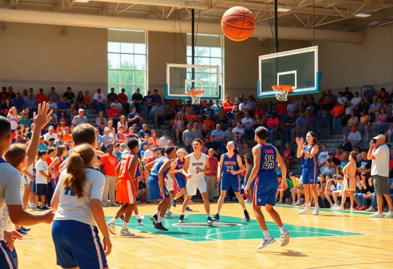 Fans cheering for high school basketball players during a summer game