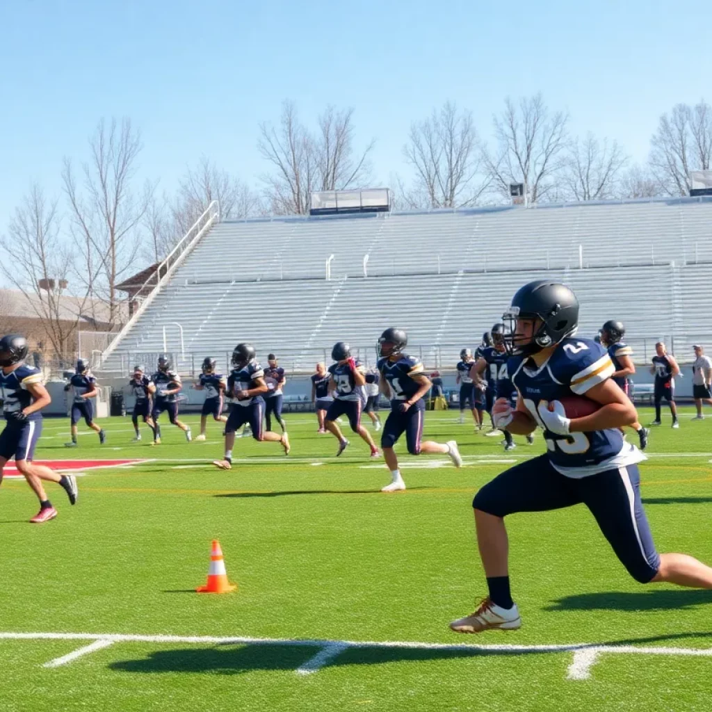 High school football players practicing on a sunny field