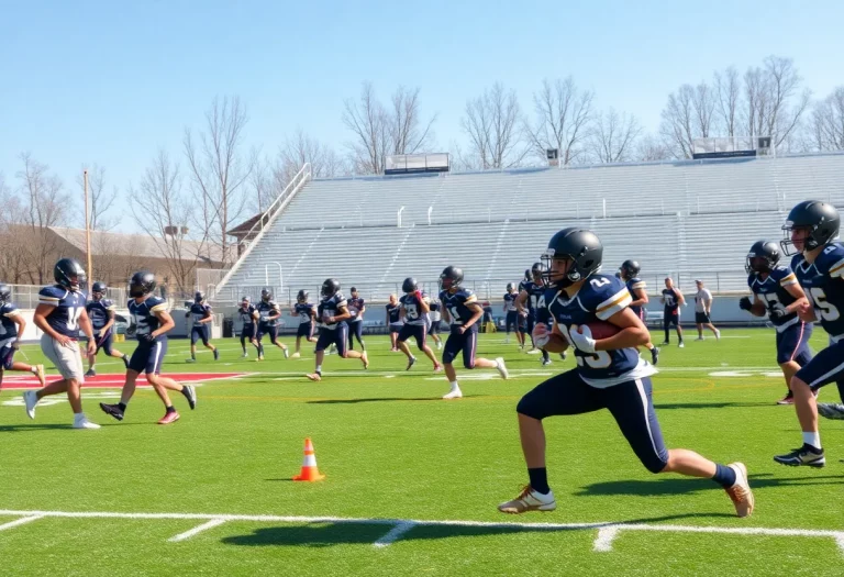 High school football players practicing on a sunny field