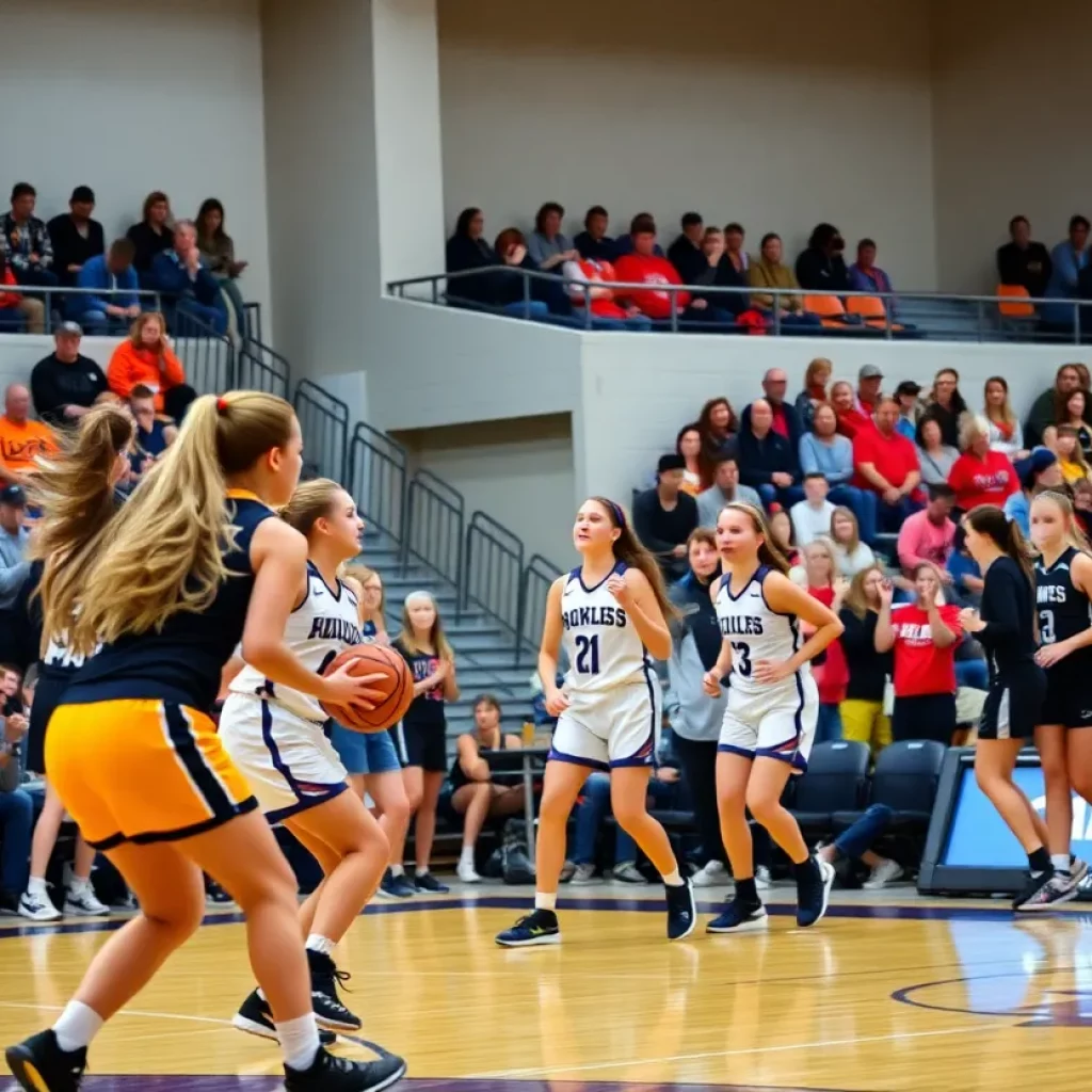 High school girls basketball players in action during a game