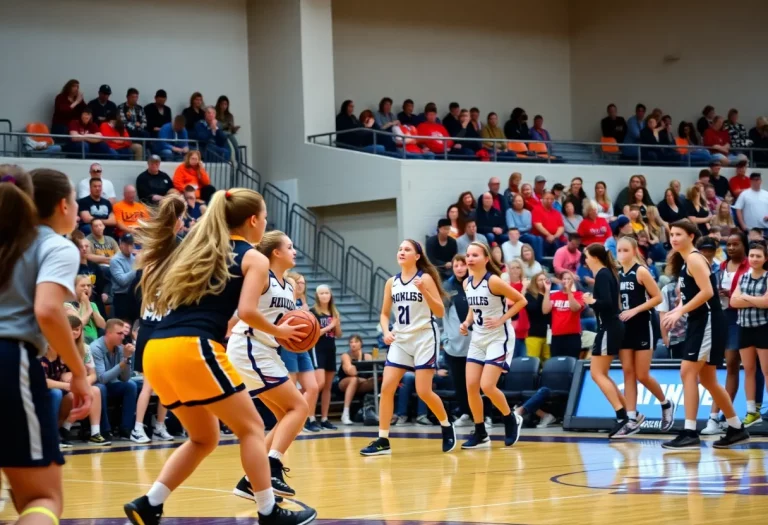High school girls basketball players in action during a game