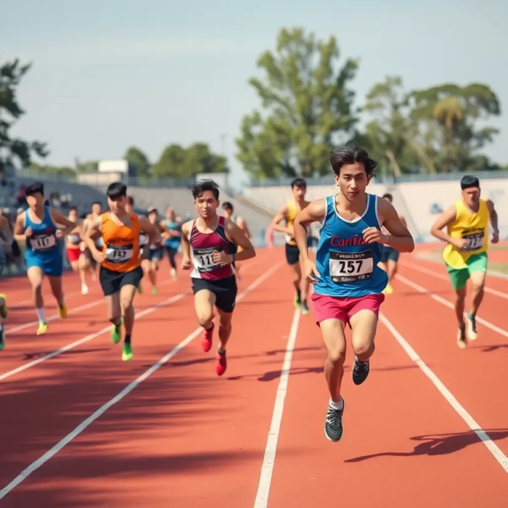 Runners competing in the Florida State Track Meet under a clear blue sky.
