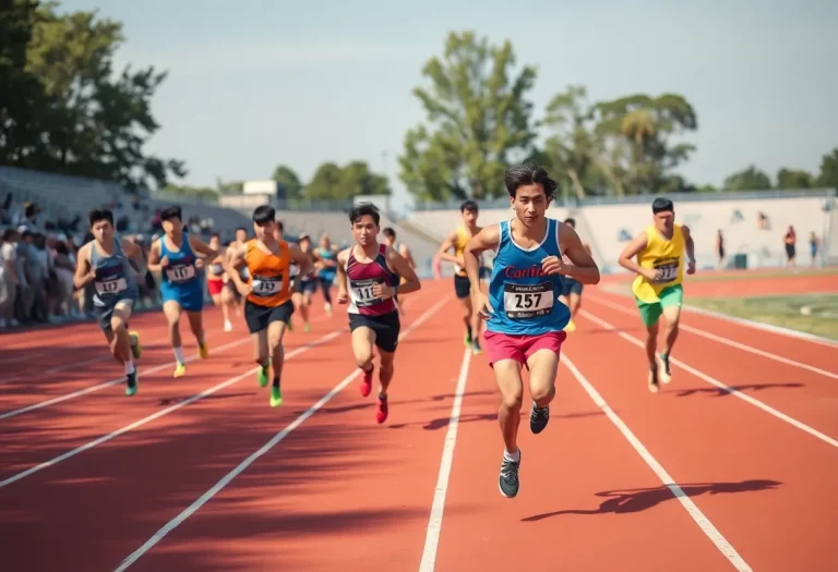 Runners competing in the Florida State Track Meet under a clear blue sky.
