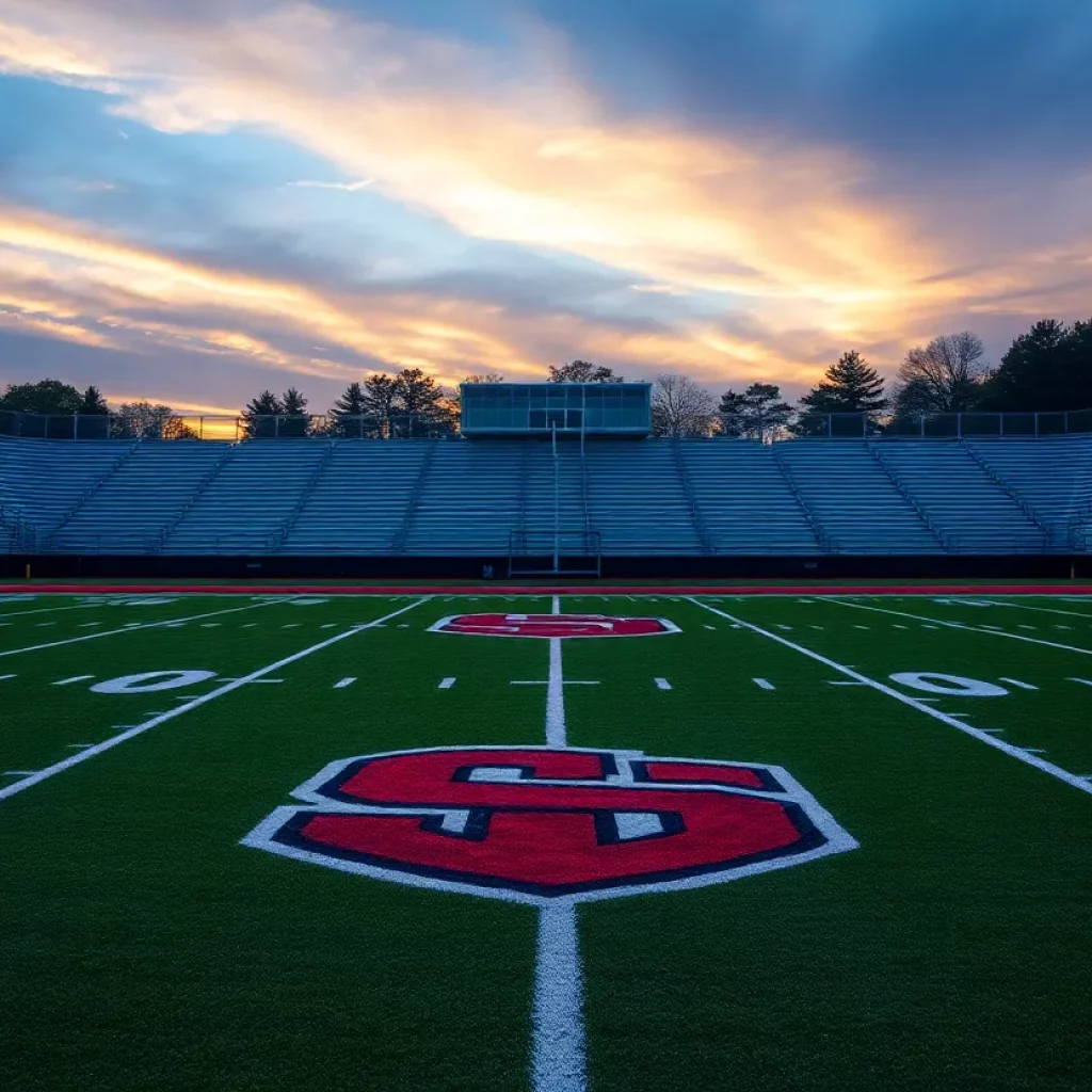 Empty high school football field at sunset symbolizing transition