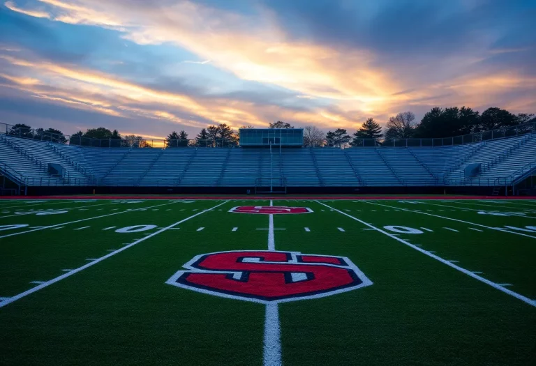 Empty high school football field at sunset symbolizing transition