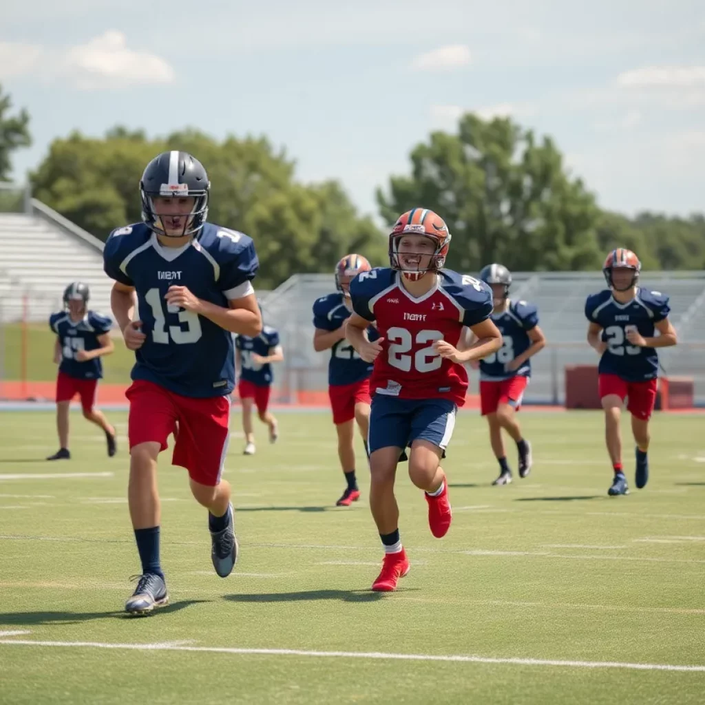 High school football players practicing on the field