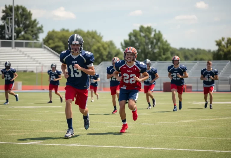 High school football players practicing on the field