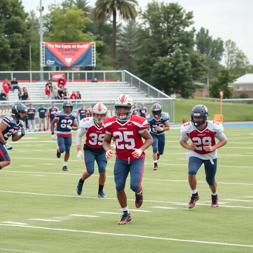 High school football players practicing on the field