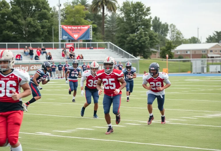 High school football players practicing on the field