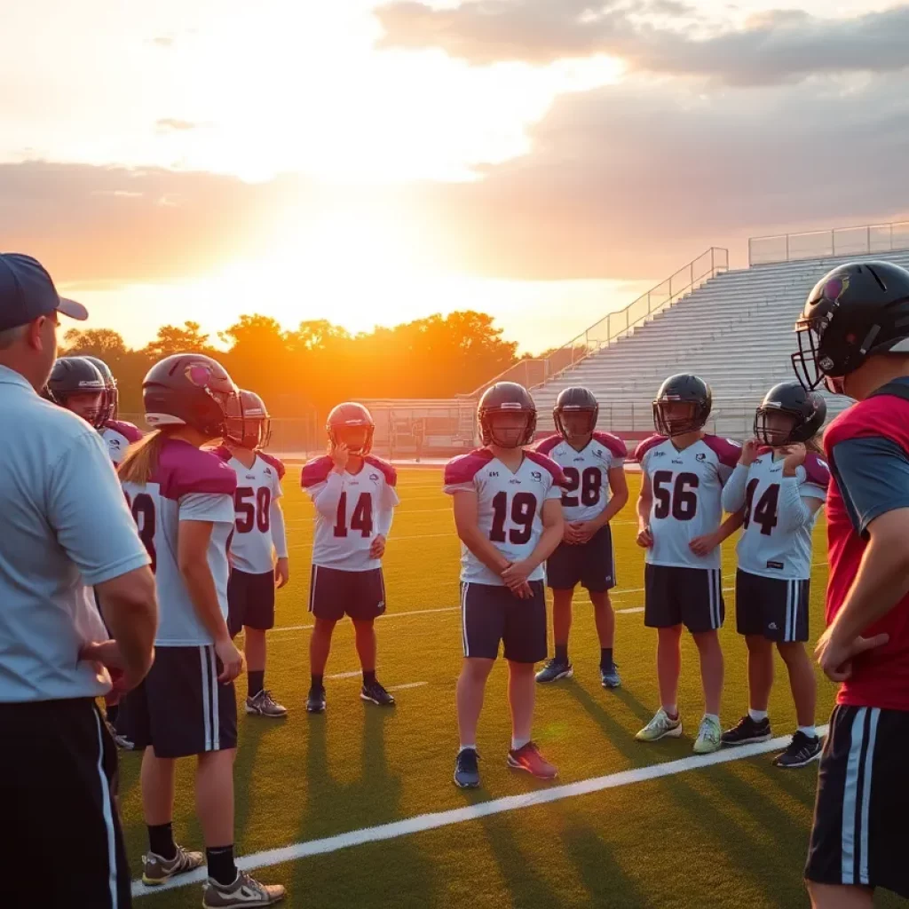 Young athletes on a football field practicing under a sunset sky.