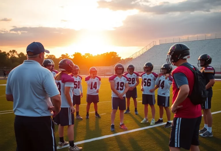Young athletes on a football field practicing under a sunset sky.