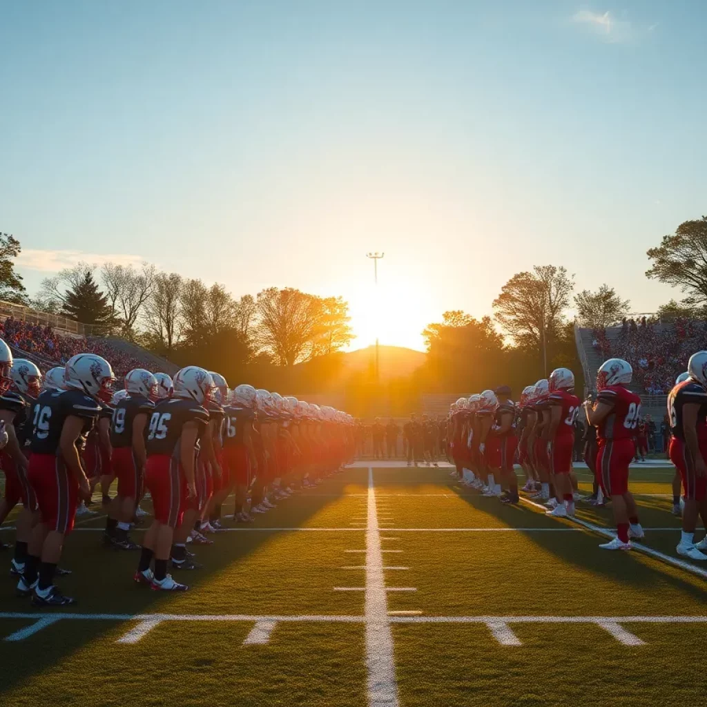 High school football teams on the field during sunset
