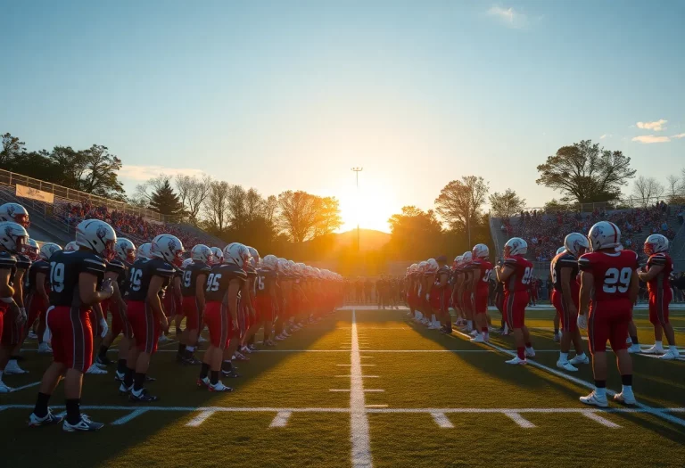 High school football teams on the field during sunset
