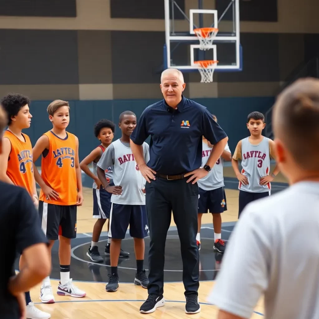 High school basketball coach leading practice with students