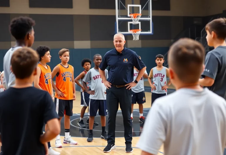 High school basketball coach leading practice with students