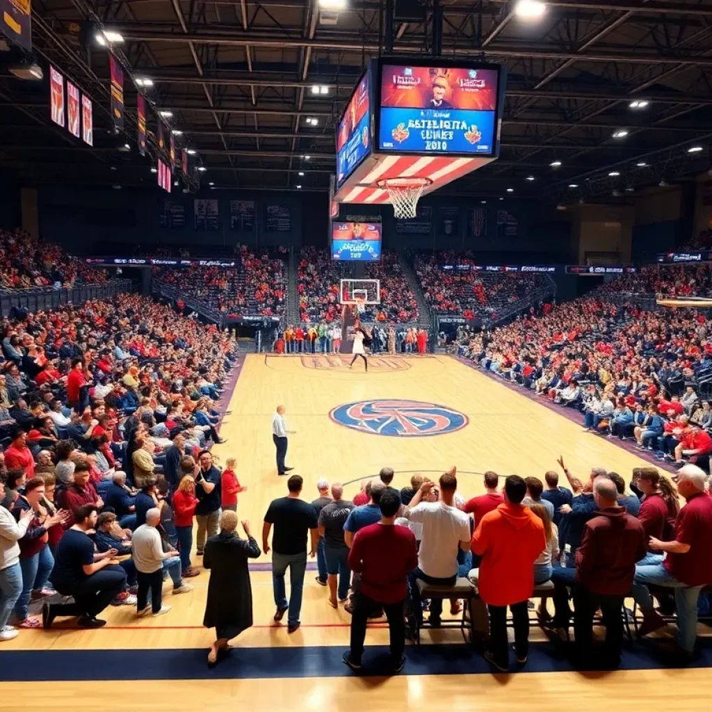 Basketball court filled with fans cheering during a college game