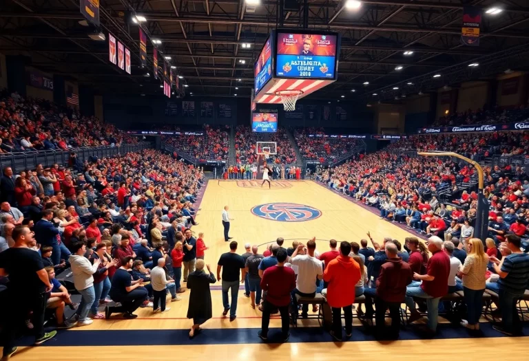 Basketball court filled with fans cheering during a college game