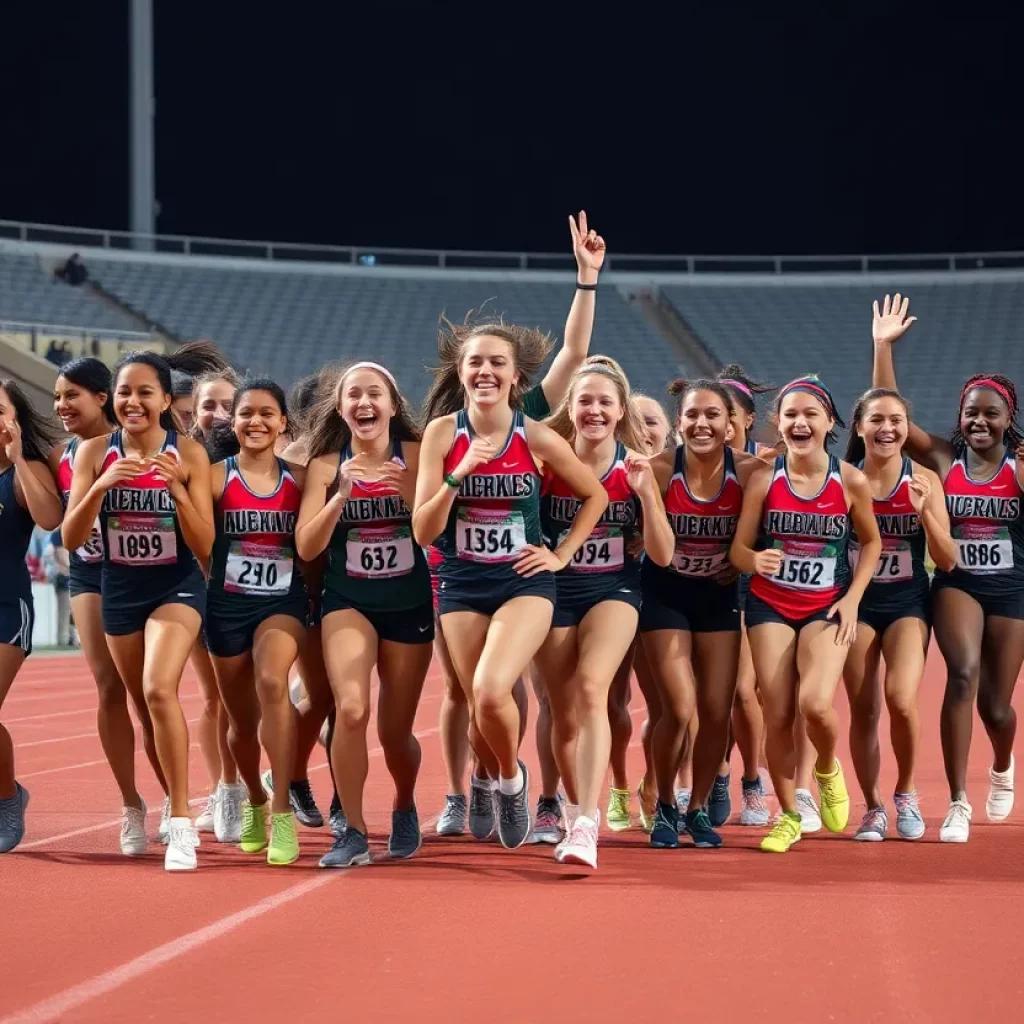 Fossil Ridge girls track team celebrating their state championship victory