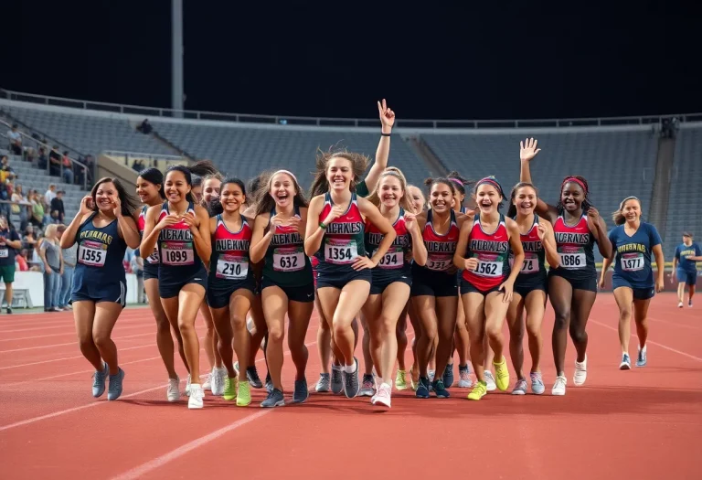 Fossil Ridge girls track team celebrating their state championship victory