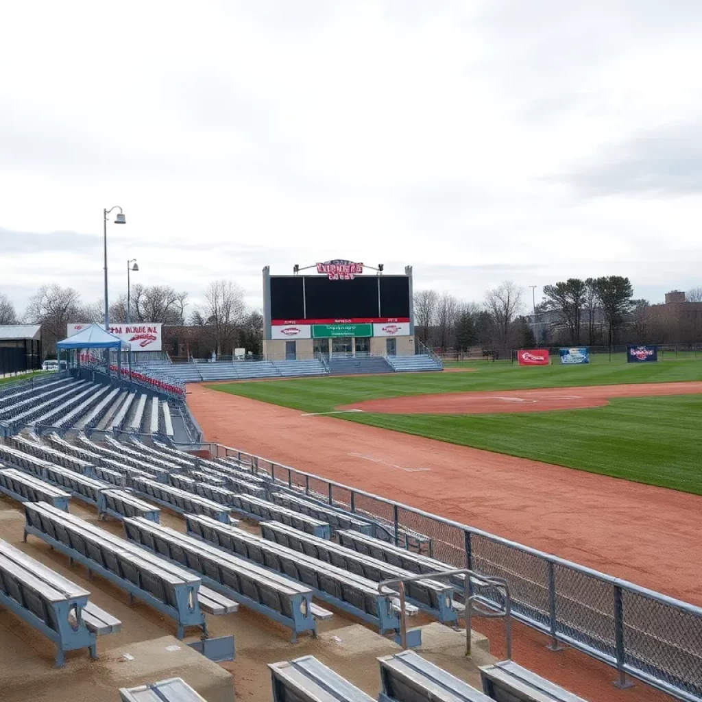 Empty Franklinton High School baseball field with banners
