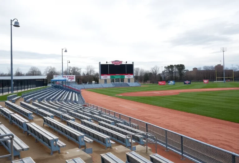Empty Franklinton High School baseball field with banners
