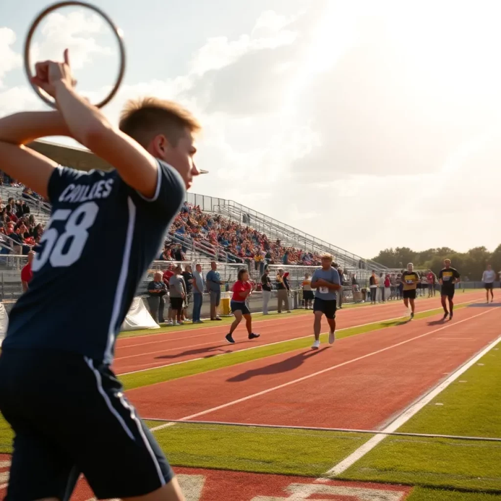 Female athlete in action throwing a discus at a track and field event