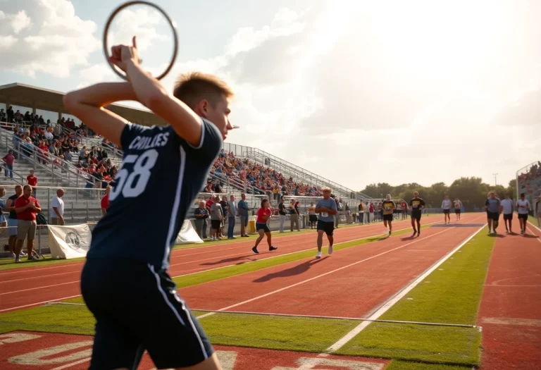 Female athlete in action throwing a discus at a track and field event