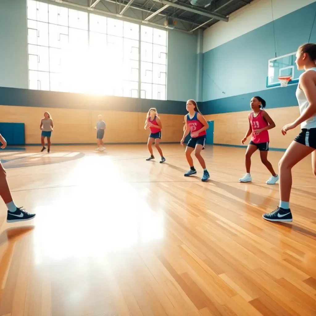 Girls practicing basketball on a court