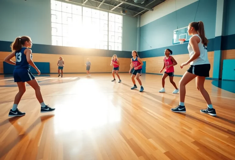 Girls practicing basketball on a court
