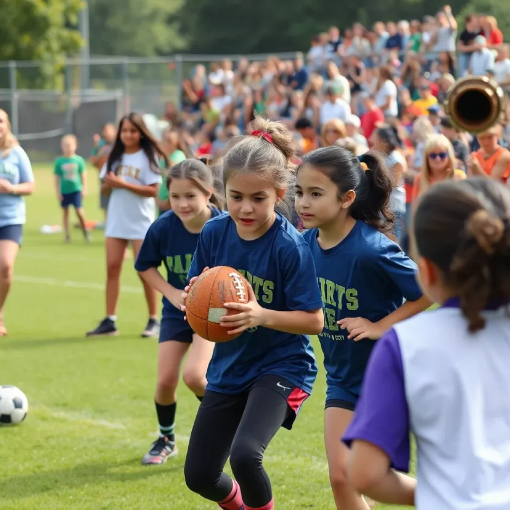 Community event celebrating girls flag football coaches and young female athletes.