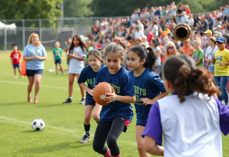Community event celebrating girls flag football coaches and young female athletes.