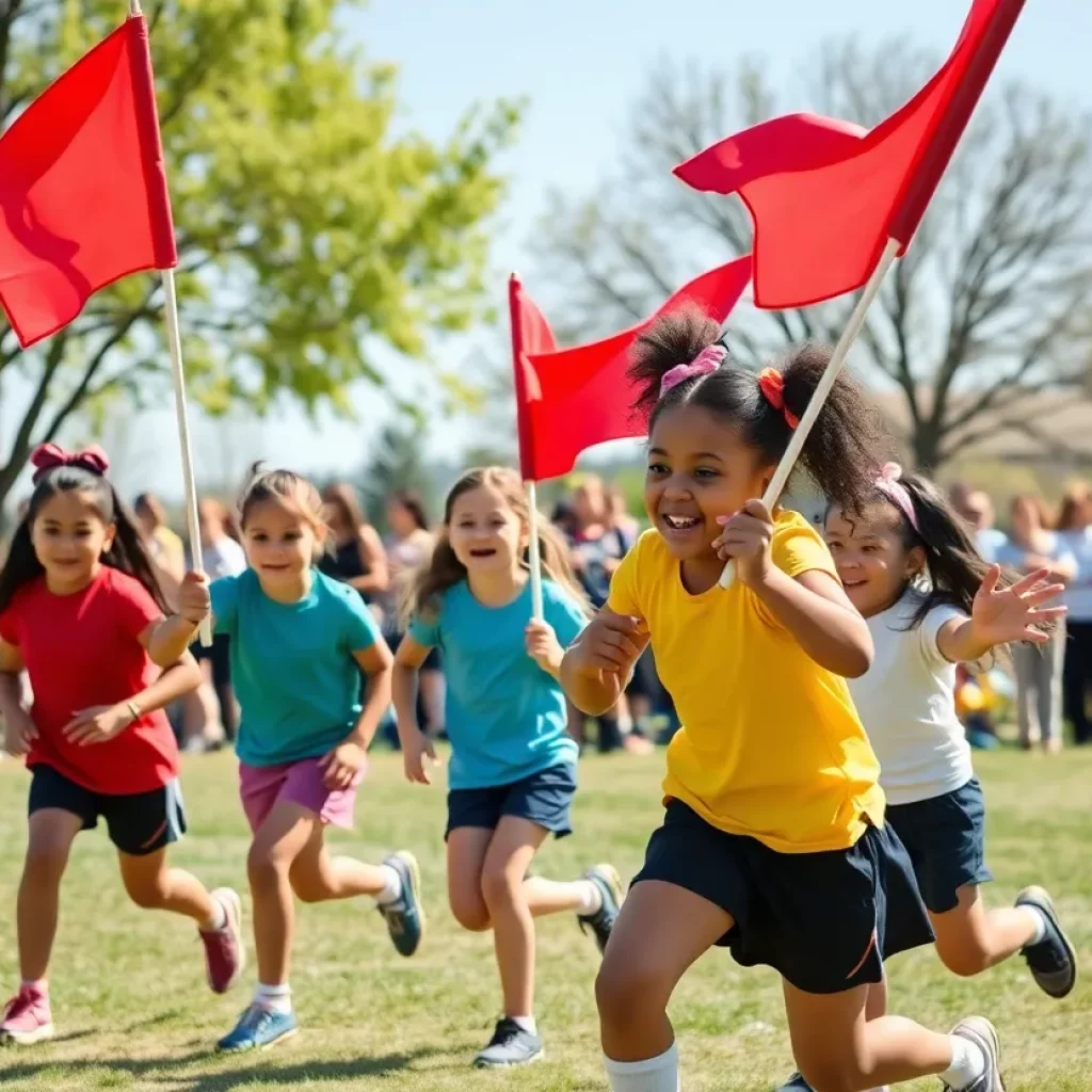 Diverse girls playing flag football in a park