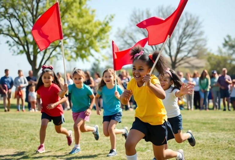 Diverse girls playing flag football in a park
